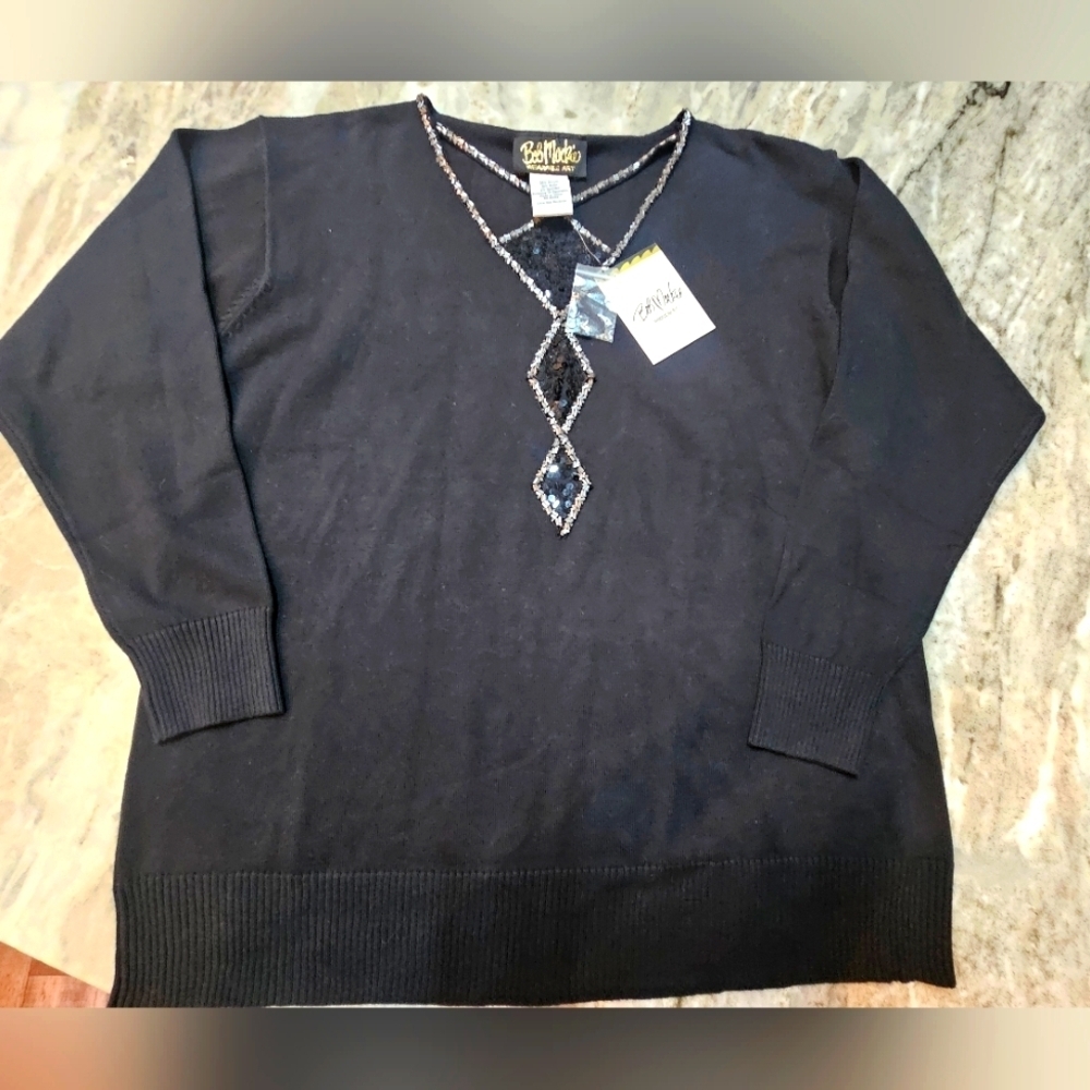 “Bob Mackie Wearable Art Black Beaded Sequin Embellished Sweater L NWT”